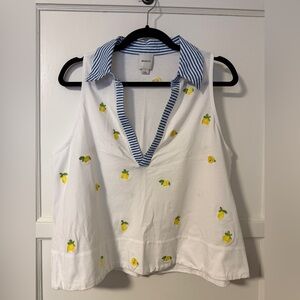 Anthropologie White Top with Blue Striped Collar and Lemon Embroidery Size L
